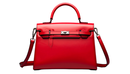 A vibrant, glossy red, structured handbag with top handle and shoulder strap against black