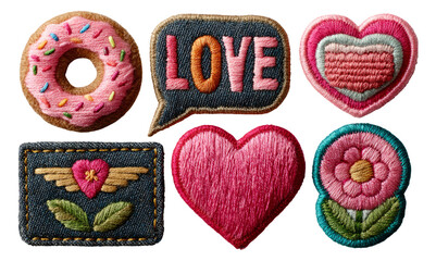 Colorful Embroidered Patches Featuring Hearts, Flowers, and Donuts in a Transparent Background