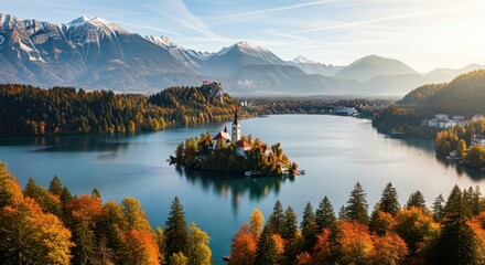 Scenic autumn view of lake bled with its iconic island church and julian alps in the background, slovenia