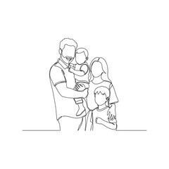 Simple line drawing of a happy family of four with parents and two children in a minimalist style