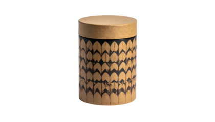 Cylindrical container with leaf-like pattern and matching lid on black background