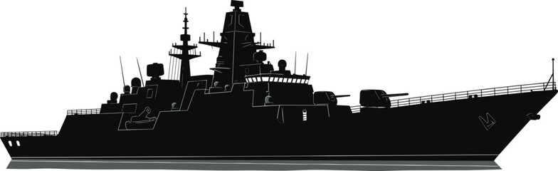 Military warship silhouette in side profile, flat vector illustration with radar and deck details, ideal for navy, defense, and maritime design projects.