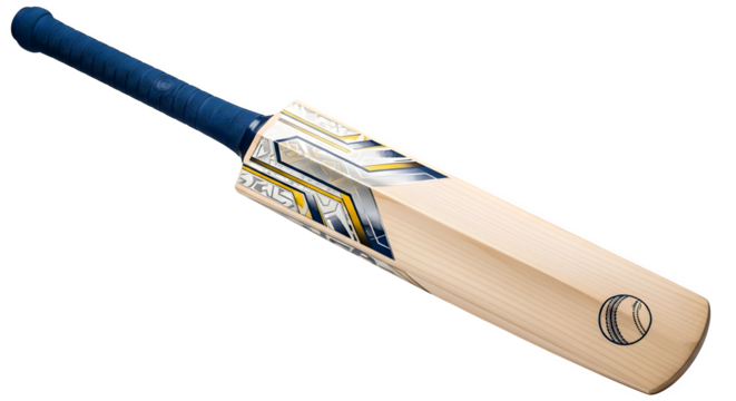 Isolated on transparent background, cricket bat with blue handle and light wood - Powered by Adobe