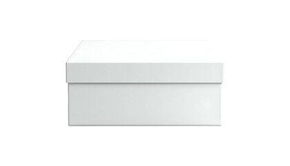 Front view of a clean white cardboard box with a lid, centered on a black background