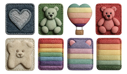 Textured Fabric Elements Featuring Teddy Bears and Colorful Shapes on Isolated Background