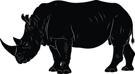 Rhino animal silhouette in side profile, flat vector illustration perfect for wildlife, safari, conservation, zoo, and nature design projects.
