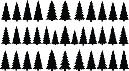 Pine tree silhouette pattern, stylized forest icons, black trees, evergreen vector clipart, symmetrical layout, nature graphic, seasonal design