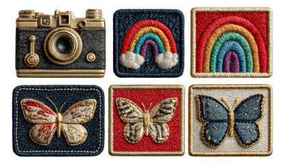 Vintage Camera and Colorful Embroidered Butterflies and Rainbows on Fabric Patches
