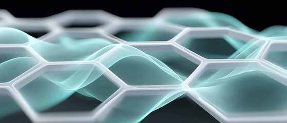 Abstract background with waves and hexagons in green color on black backdrop, seamless loopable animation