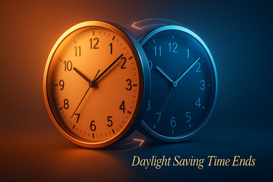 Daylight saving time ends concept with glowing blue and orange clocks symbolizing time change, autumn transition and clock adjustment