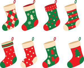 Christmas stocking icon set, festive holiday socks vector, winter decoration illustration, patterned stockings with snowflakes, trees, stripes, polka dots, argyle design