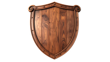 A detailed wooden shield with decorative trim, rivets, and a smooth, natural wood grain background