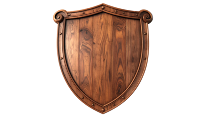 A detailed wooden shield with decorative trim, rivets, and a smooth, natural wood grain background
