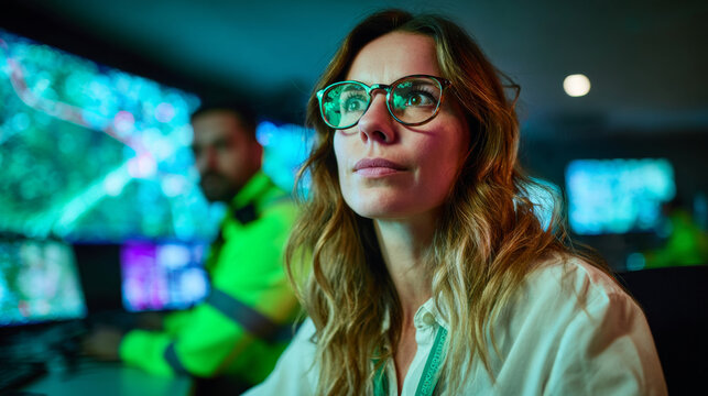A woman with glasses is staring at something intently while sitting in front of a computer monitor and surrounded by other people working on computers