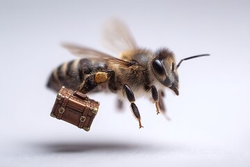 Bee flying carrying miniature suitcase traveling on journey