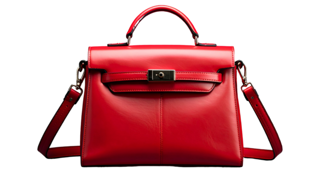 A vibrant red leather handbag with a top handle and detachable shoulder strap