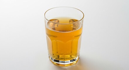 明るく澄んだ光が降り注ぐ清潔な白い空間に佇む透明なグラス グラスに満たされた美しい琥珀色の飲料がキラキラと輝きその液面の繊細な光沢が心地よい清涼感を醸し出す洗練された一枚. AI Generated