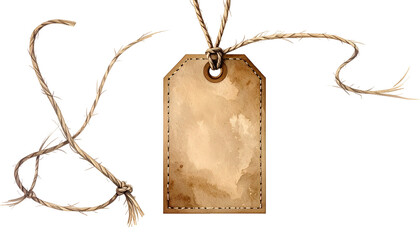 Watercolor-style, textured blank tag with string, perfect for notes, on a black background