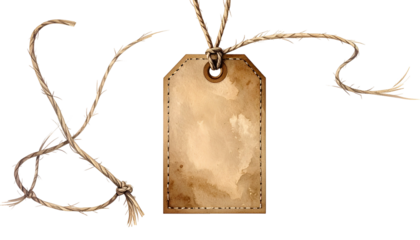 Watercolor-style, textured blank tag with string, perfect for notes, on a black background