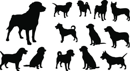  Dog breed silhouette set, various canine poses vector, black pet shapes, standing sitting crouching dogs, animal illustration for design, stock content