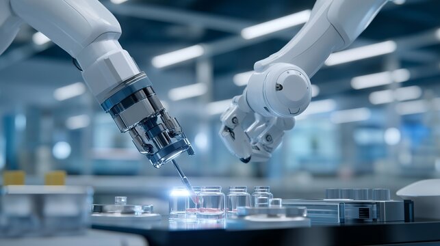 Scientists monitoring robotic arms in pharmaceutical lab performing capsule filling and sample testing, symbolizing AI-assisted healthcare research, precision medication, and futuristic laboratory