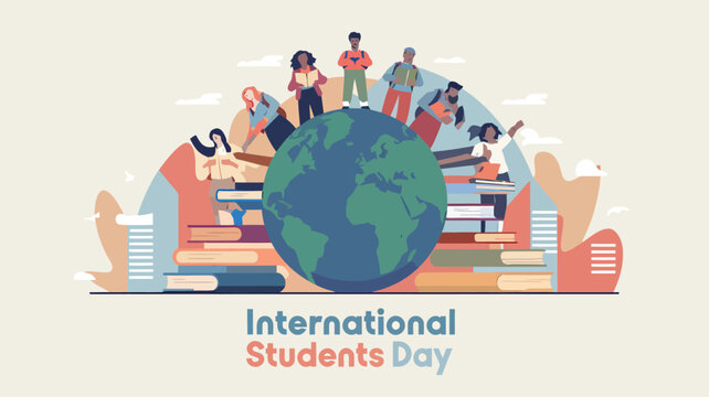 Vector art of diverse students standing on books around the globe, celebrating international students day with a sense of unity and global connection