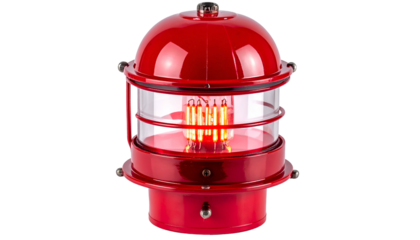 A red, industrial-style lamp with a glass enclosure and glowing filaments