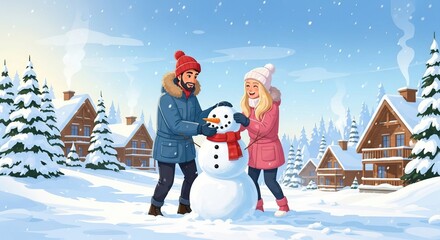 Cheerful couple building a snowman in snowy village with cozy cabins and pine trees, cartoon winter scene.