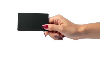A hand with red nails holds a black, rectangular card against a black background
