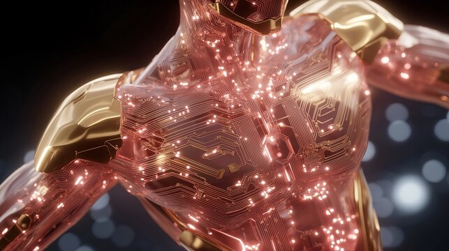 Cyborg torso glowing with innovation incubator chamber surrounded by circuits, symbolizing advanced robotic generative design, speculative biotechnology, and futuristic creation concepts.