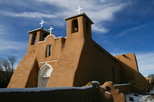 Rancho de Taos, New Mexico, United States.  San Francisco de Asis adobe cathedral in winter