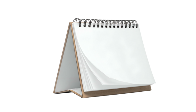 A blank desk calendar with a spiral binding, slightly opened on a black background