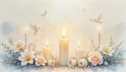 Illustration of all saints day burning wax candles on dark background. A solemn display of lit candles honoring all saints day with a vintage aesthetic.