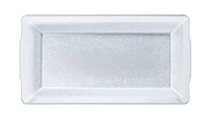 Rectangular, clear, frosted glass tray with small handles on a black background