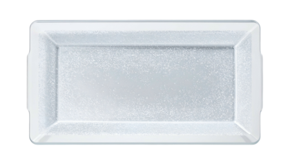 Rectangular, clear, frosted glass tray with small handles on a black background