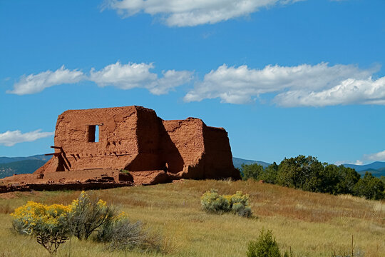 Pecos National Monument, New Mexico, United States. Sunny summer day with ancient Indian ruins in the background