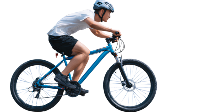 Man Riding a Blue Mountain Bike against Transparent Background