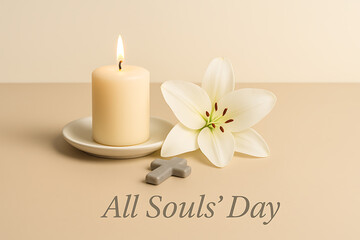 Simple all souls’ day still life with lit candle, white lily flower and cross representing faith, remembrance and eternal soul peace