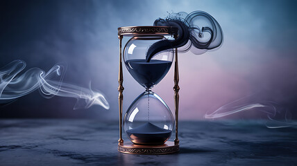 Mysterious hourglass with smoke swirling around symbolizing passing time and the ephemeral nature of life