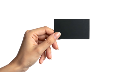 A hand holding a black rectangular card against a black background. Skin tones are fair