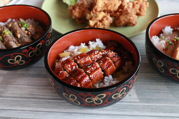 A selection of delicious dishes, featuring a bowl of eel over rice and fried chicken