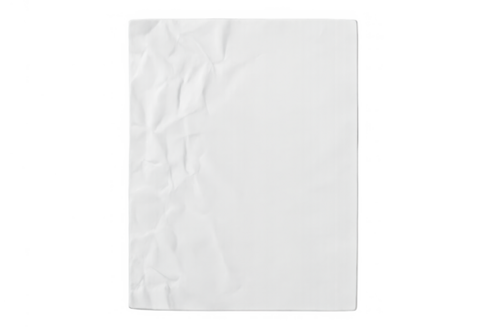 Textured white crumpled paper with wrinkles, ideal for layering content over a transparent background