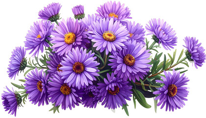 A vibrant, digital illustration of a bouquet of Aster flowers in shades of purple