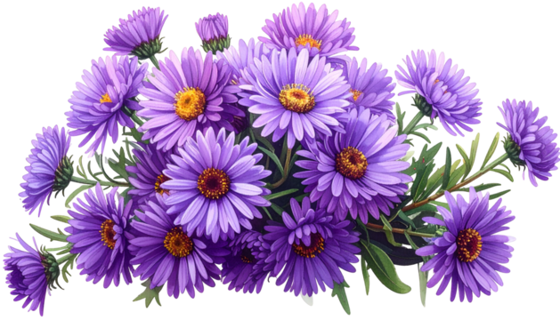 A vibrant, digital illustration of a bouquet of Aster flowers in shades of purple