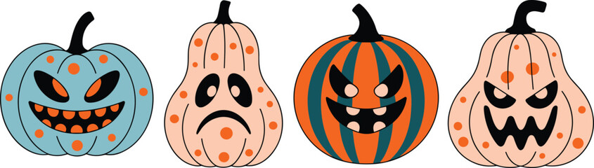 Halloween pumpkin illustration set, spooky jack-o’-lantern vector collection, carved pumpkins with scary faces, colorful designs, festive autumn holiday decoration