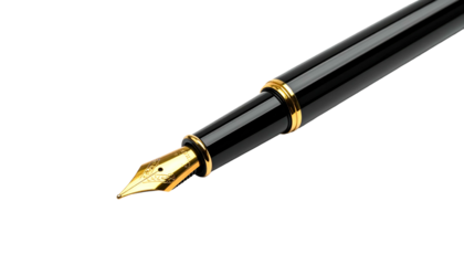 Close-up of a sleek, black fountain pen with gold accents, isolated on a black background