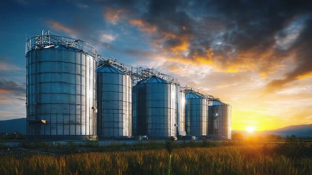 Row of tall metal grain silos in a rural field at sunset, reflecting warm light under a dramatic, cloud-filled sky.