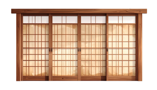 Wooden, latticed sliding doors with rice paper panels, warm lighting