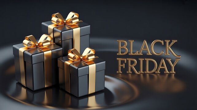 Three elegant gift boxes with golden ribbons sit on a reflective surface next to the words black friday