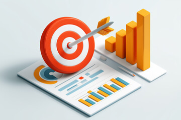 An arrow hitting a bullseye next to an orange bar chart and report. Symbolizes strategic success, achieving business goals, precise targeting, data-driven planning, and high-performance results.